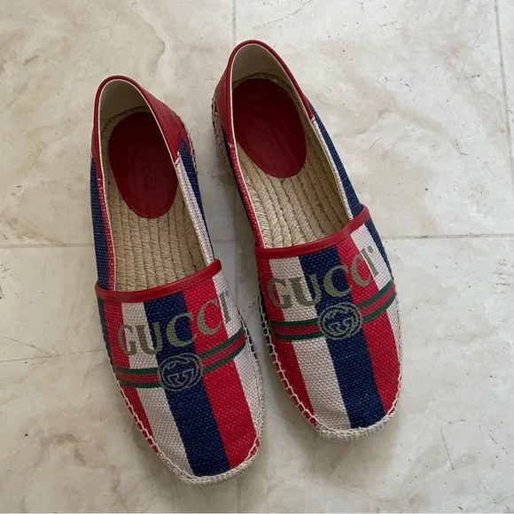Gucci Sylvie Stripes Interlocking G Logo Canvas Leather Espadrilles Flats size 8 - Picture 3 of 12